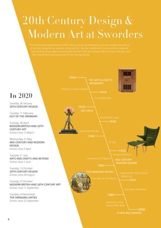 20th Century Design &
Modern Art at Sworders
The continuing popularity of 20th century and contemporary art and design has led us
to further expand our auction programme. We are delighted to announce a range of
new and exciting sales covering the Arts & Crafts Movement, Mid-Century Design and
the very British phenomenon of the Swinging 60s.
In 2020
Tuesday 28 January
20TH CENTURY DESIGN
Tuesday 11 February
OUT OF THE ORDINARY
Tuesday 28 April
MODERN BRITISH AND 20TH
CENTURY ART
Entries close 13 March
Wednesday 27 May
MID-CENTURY AND MODERN
DESIGN
Entries close 3 April
Tuesday 21 July
ARTS AND CRAFTS AND BEYOND
Entries close 5 June
Tuesday 13 October
20TH CENTURY DESIGN
Entries close 28 August
Tuesday 27 October
MODERN BRITISH AND 20TH CENTURY ART
Entries close 11 September
Tuesday 24 November
THE SWINGING SIXTIES
Entries close 25 September
1900
THE ARTS & CRAFTS
MOVEMENT
1910
First World War
1920
1930
1950
1970
2000
1940
1960
1980
ART DECO
Second World War
Festival of Britain
MID CENTURY
MODERN DESIGN
Wall Street Crash
First Man on the Moon
Olympic Games London
THE SWINGING SIXTIES
D-Day
Commercial TV Begins
Invention of the
World Wide Web
England Win the Football
World Cup
Star Wars Premiered
8
A NEW MILLENNIUM
 