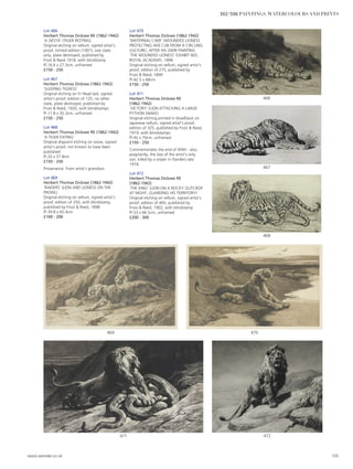 Lot 466
Herbert Thomas Dicksee RE (1862-1942)
‘A SIESTA’ (TIGER RESTING)
Original etching on vellum, signed artist’s
proof, limited edition (100?), one state
only, plate destroyed, published by
Frost  Reed 1918, with blindstamp
Pl.16.6 x 27.3cm, unframed
£150 - 250
Lot 467
Herbert Thomas Dicksee (1862-1942)
‘SLEEPING TIGRESS’
Original etching on FJ Head laid, signed
artist’s proof, edition of 125, no other
state, plate destroyed, published by
Frost  Reed, 1920, with blindstamps
Pl.17.8 x 35.3cm, unframed
£150 - 250
Lot 468
Herbert Thomas Dicksee RE (1862-1942)
‘A TIGER EATING’
Original drypoint etching on wove, signed
artist’s proof, not known to have been
published
Pl.20 x 37.8cm
£150 - 250
Provenance: From artist’s grandson.
Lot 469
Herbert Thomas Dicksee (1862-1942)
‘RAIDERS’ (LION AND LIONESS ON THE
PROWL)
Original etching on vellum, signed artist’s
proof, edition of 250, with blindstamp,
published by Frost  Reed, 1898
Pl.39.8 x 65.4cm
£100 - 200
Lot 470
Herbert Thomas Dicksee (1862-1942)
‘MATERNAL CARE’ (WOUNDED LIONESS
PROTECTING HER CUB FROM A CIRCLING
VULTURE), AFTER HIS OWN PAINTING
‘THE WOUNDED LIONESS’ EXHIBIT 665,
ROYAL ACADEMY, 1896
Original etching on vellum, signed artist’s
proof, edition of 275, published by
Frost  Reed, 1899
Pl.42.5 x 68cm
£150 - 250
Lot 471
Herbert Thomas Dicksee RE
(1862-1942)
‘VICTORY’ (LION ATTACKING A LARGE
PYTHON SNAKE)
Original etching printed in blue/black on
Japanese vellum, signed artist’s proof,
edition of 325, published by Frost  Reed,
1919, with blindstamps
Pl.45 x 70cm, unframed
£150 - 250
Commemorates the end of WWI - also,
poignantly, the loss of the artist’s only
son, killed by a sniper in Flanders late
1918.
Lot 472
Herbert Thomas Dicksee RE
(1862-1942)
‘THE KING’ (LION ON A ROCKY OUTCROP
AT NIGHT, GUARDING HIS TERRITORY)
Original etching on vellum, signed artist’s
proof, edition of 400, published by
Frost  Reed, 1902, with blindstamp
Pl.53 x 66.5cm, unframed
£200 - 300
468
467
472471
470469
466
www.sworder.co.uk 105
302-506 PAINTINGS, WATERCOLOURS AND PRINTS
 