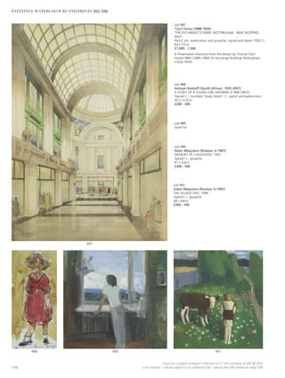 Lot 487
*Cyril Farey (1888-1954)
‘THE EXCHANGE SCHEME, NOTTINGHAM - NEW SHOPPING
WAY’
Pencil, ink, watercolour and gouache, signed and dated 1926 l.l,
84 x 57cm
£1,000 - 1,500
A Presentation Elevation from the design by Thomas Cecil
Howitt RIBA (1889-1968) for Exchange Buildings Nottingham
(1924-1929).
487
491490488
Lot 488
Adriaan Boshoff (South African, 1935-2007)
A STUDY OF A YOUNG GIRL WEARING A PINK DRESS
Signed l.r., inscribed ‘Study Sketch’ l.l., pencil and watercolour
30 x 15.5cm
£200 - 300
Lot 490
Valeri Masyukov (Russian, b.1947)
MEMORY OF CHILDHOOD, 1992
Signed l.l., gouache
41 x 43cm
£300 - 500
Lot 491
Valeri Masyukov (Russian, b.1947)
THE VILLAGE DAY, 1996
Signed l.r., gouache
48 x 44cm
£300 - 500
Lot 489
Spare lot
110
Each lot is subject to Buyer’s Premium at 27.6% inclusive of VAT @ 20%
Lots marked * will be subject to an additional fee - please see ARR details on page 200
PAINTINGS, WATERCOLOURS AND PRINTS 302-506
 