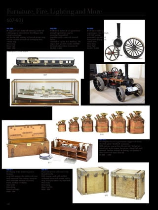 Furniture, Fire, Lighting and More
607-931
Lot 609
A 1:8 scale model of
a passenger liner, ‘Venus’,
mid-20th century,
presented in an oak and
brass glazed display case,
150cm wide
28cm deep
59cm high
£1,000 - 2,000
Lot 610
A complete set of six graduated copper and brass
banded petrol ‘standard’ measures,
20th century, ranging from the smallest, ‘half gallon’,
23cm high, to the largest ‘five gallon’, 46cm high, each
stamped ‘London Borough of Barking’ and housed in
three aluminium travel cases (6)
£1,200 - 1,800
Lot 611
An Asprey  Co. motoring picnic
hamper,
early 20th century, the leather clad case
with lacquered brass interior, complete
with associated contents of enamel
dishes, beakers and boxes,
79cm wide
30cm deep
35cm high (qty.)
£500 - 700
Lot 612
A pair of vellum and aluminium
bound trunks,
20th century, each with studded,
reinforced seams and corners, with a
carry handle to either side, later lined,
60cm wide
42cm deep
44cm high (2)
£600 - 800
612
610
611
607
608 Prior to disassembly
609
Lot 607
A large and well detailed cutaway model of
a Compagnie International des Wagon-Lits
sleeping carriage,
mid to late 20th century, in blue and yellow livery
and on a section of track and mahogany base,
147cm long
29cm deep
42cm high
£400 - 600
Provenance: Christie’s Paris.
Lot 608
A 1/3 scale model of an agricultural
ploughing traction engine,
currently disassembled,
together with a new and unused
boiler,
inscribed to a plate ‘R.C. Stebbing’, the
engine with painted number ‘TE7680’,
the back wheels 66cm diameter (2)
£3,000 - 5,000
122
 