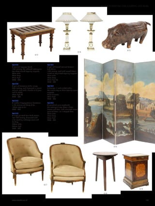 Lot 613
A walnut luggage stand,
19th century, the laddered rectangular
top above turned tapering supports,
64cm wide
40cm deep
42cm high
£200 - 300
Lot 614
A pair of toleware table lamps,
20th century, each decorated in cream
and gilt, each with a double milk glass
and tin shade,
58cm high (2)
£300 - 500
Lot 615
A leather hippopotamus footstool,
in the manner of Liberty  Co.,
102cm nose to tail
£400 - 600
Lot 616
A large painted four-fold screen,
late 18th century, decorated with
a far-reaching landscape scene and
building,
284cm wide
243cm high
£500 - 800
Lot 617
A pair of French walnut fauteuil
tub chairs,
19th century, each with carved details,
raised on stop fluted tapering supports,
70cm wide
50cm deep
97cm high (2)
£300 - 500
Lot 618
A George III oak cricket table,
the circular top on three tapering square
supports,
45cm diameter
64cm high
£200 - 300
Lot 619
A scumbled pine cupboard,
the rectangular top above a frieze
drawer and door, with simulated maple
panelled detail, on a stepped base,
60cm wide
55cm deep
90cm high
£200 - 300
619
618
617
616
615
614
613
www.sworder.co.uk 123
607-931 FURNITURE, FIRE, LIGHTING AND MORE
 