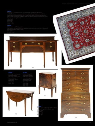 Lot 701
A George III inlaid mahogany and satinwood crossbaned sideboard,
c.1820, by Gillows of Lancaster, the low raised back over a central shallow frieze
drawer with chequerboard inlay over a deep drawer with inlaid sunburst spandrels
and an inset reeded arch, flanked on either side by deep bow front drawers on square
tapering legs and spade feet,
153cm wide
60cm deep
92.5cm high
£800 - 1,200
Lot 702
A fine Persian Tabriz carpet,
20th century, the central field with repeating floral and foliate motifs, on a red ground,
bearing a signature within a panel,
404 x 300cm
£1,500 - 2,000
Lot 705
A George III mahogany chest on chest,
with brushing slide on bracket feet,
110cm wide
57cm deep
188cm high
£400 - 600703
702
701
704
705
Lot 703
A George lll mahogany
Pembroke table,
with inlaid banding and
bow end drawer
114cm wide (open)
92cm deep
73cm high
£300 - 500
Lot 704
A small George III
mahogany cellaret,
with internal divisions,
inlaid stringing on a
separate base with
square taper legs,
38cm wide
28cm deep
61cm high
£300 - 500
www.sworder.co.uk 141
607-931 FURNITURE, FIRE, LIGHTING AND MORE
 