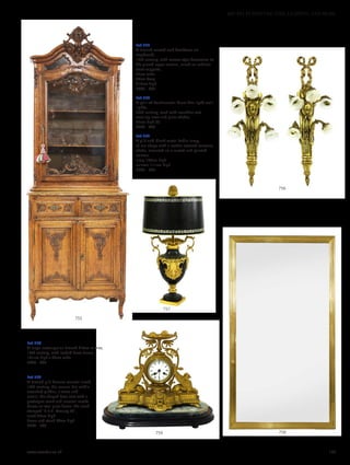 Lot 755
A French carved oak bookcase on
cupboard,
19th century, with rococo-style decoration to
the glazed upper section, raised on cabriole
front supports,
72cm wide
45cm deep
210cm high
£300 - 500
Lot 756
A pair of Continental brass five-light wall
lights,
20th century, each with acanthus cast
scrolling arms and glass shades,
97cm high (2)
£300 - 400
Lot 757
A gilt and black metal table lamp,
of urn shape with a leather covered toleware
shade, mounted on a carved and painted
column,
lamp 100cm high
column 111cm high
£300 - 500
Lot 758
A large rectangular French bistro mirror,
19th century, with reeded brass frame,
181cm high x 99cm wide
£500 - 800
Lot 759
A French gilt bronze mantel clock,
19th century, the enamel dial within
crouched griffins, a tazza and
scrolls, the shaped base cast with a
grotesque mask and classical motifs
below an oval glass dome, the clock
stamped ‘5 P.H. Mourey 62’,
clock 29cm high
dome and stand 44cm high
£300 - 500
759 758
757
756
755
www.sworder.co.uk 157
607-931 FURNITURE, FIRE, LIGHTING AND MORE
 