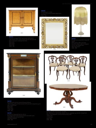Lot 815
A North European bird’s-eye maple wash stand,
19th century, with a white marble top over two panelled
doors and square outswept front feet,
86cm wide
43cm deep
73cm high
£300 - 500
Lot 816
A rectangular mirror,
in a gilt and pierced Florentine-style frame,
90 x 80cm
£300 - 500
Lot 817
A large clear glass table lamp and
shade,
20th century, with a gilt metal
Corinthian capital over an octagonal
column and stepped base,
84cm high overall
£200 - 400
Lot 818
An ebonised and burr walnut display cabinet,
19th century, with gilt brass mounts and inset with a jasperware panel
over a glazed door,
90cm wide
39cm deep
115cm high
£400 - 600
Lot 819
A set of six rosewood parlour chairs,
the shaped backs with ornately pierced and carved splats,
overstuffed seats and scrolled legs,
each 87cm high (6)
£300 - 500
Lot 820
A Victorian burr walnut oval loo table,
the lobed top on a scrolled four-section column, outswept legs and shell-shaped feet,
brass inlaid registration mark for 22nd January 1853,
147cm wide
111cm deep
68cm high
£500 - 800
820
819
818
817
816
815
www.sworder.co.uk 169
607-931 FURNITURE, FIRE, LIGHTING AND MORE
 