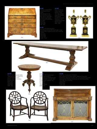 Lot 847
A William IV rosewood chiffonier,
with a brass galleried upper section, above the frieze with
carved floral and foliate roundels and a pair of glazed doors with
sweeping brass bonding, flanked by a pair of turned columns
and raised on a plinth base,
137cm wide
39cm deep
116cm high
£500 - 800
Lot 842
A walnut, crossbanded
and chevron strung
bureau,
18th century and later,
the fall front enclosing a
fitted interior, above four
graduated long drawers
and raised on bracket feet,
93cm wide
46cm deep
102cm high
£300 - 500
Lot 844
A pair of French
Empire-style gilt
bronze lamps,
late 19th century/
early 20th century,
with applied
pierced neoclassical
decoration, on a
stepped square base,
46cm high (2)
£600 - 800
Lot 843
An large oak refectory table,
20th century, the top with cleated ends on two
shaped column supports to either end, united by
stretchers,
370cm wide
119cm deep
76.5cm high
£1,000 - 1,500
Lot 845
An elm oval occasional table,
19th century, with a gadrooned
rim and acanthus carved
column, raised on a scrolling
tripartite base,
60cm wide
50cm deep
75cm high
£200 - 300
Lot 846
A pair of 18th century style
mahogany armchairs,
with pierced oval backs over open
arms and dished cane seat, over
cluster column outswept legs,
67cm wide
52cm deep
100cm high (2)
£200 - 400
847
846
845
843
844842
www.sworder.co.uk 175
607-931 FURNITURE, FIRE, LIGHTING AND MORE
 