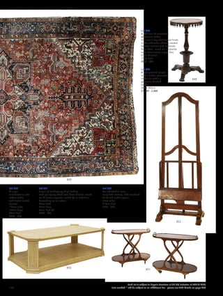 Lot 848
A William IV rosewood
occasional table,
the circular top with turned finials
to the underside, above a reeded
baluster column with elaborate
floral detail, raised on a tripartite
base, terminating in paw feet,
47cm diameter
77cm high
£600 - 800
Lot 850
A large
architectural low
coffee table,
with fluted canted
corners,
185cm wide
108cm deep
60cm high
£300 - 500
Lot 851
A pair of mahogany ship’s tables,
each gallery top fitted twin brass handles, raised
on ‘X’ frame supports, united by an undertier
descending on to castors,
74cm wide
39cm deep
67cm high (2)
£300 - 500
Lot 852
An adjustable easel,
early 20th century, with scumbled
finish and rachet system,
76cm wide
216cm high
£700 - 900
Lot 849
A red ground carpet,
with a central geometric
medallion within a
geometric banded
border,
266 x 365cm
£1,000 - 2,000
848
852
851
850
849
176
Each lot is subject to Buyer’s Premium at 27.6% inclusive of VAT @ 20%
Lots marked * will be subject to an additional fee - please see ARR details on page 200
FURNITURE, FIRE, LIGHTING AND MORE 607-931
 