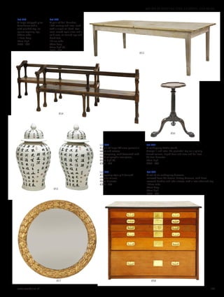 Lot 853
A large stripped pine
farmhouse table,
with planked top, on
square tapering legs,
249cm wide
110cm deep
79cm high
£400 - 600
Lot 857
A Regency-style gilt-framed
circular mirror,
80cm diameter
£300 - 500
Lot 854
A pair of hall benches,
18th century and later, each
with a single rail back, over
scroll carved open arms and a
solid seat, on turned legs and
block feet,
191cm wide
44cm deep
92cm high (2)
£400 - 600
Lot 855
A pair of large Chinese porcelain
vases and covers,
contemporary, each decorated with
black calligraphic inscriptions,
85cm high (4)
£300 - 500
Lot 856
A mahogany kettle stand,
George III and later, the quatrefoil top on a spirally
turned column, tripod base and claw and ball feet,
28.5cm diameter
58cm high
£200 - 400
858857
856
855
853
854
Lot 858
A set of six mahogany drawers,
removed from the Natural History Museum, with brass
recessed handles and label sleeves, with a later ebonised top,
105cm wide
88cm deep
86cm high
£400 - 600
www.sworder.co.uk 177
607-931 FURNITURE, FIRE, LIGHTING AND MORE
 