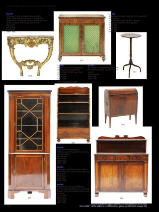 Lot 878
A George II-style giltwood console table,
with a white veined marble top, a shaped floral
carved frieze and cabriole supports united by a shell
carved stretcher, terminating in hoof feet,
80cm wide
50cm deep
85cm high
£600 - 800
Lot 879
A Regency rosewood and grained rosewood
side cabinet,
with a brass galleried top over a drawer,
the brass grille doors with silk panels,
95cm wide
40cm deep
96cm high
£400 - 600
Lot 880
A George III inlaid mahogany
standing corner cupboard,
with astragal glazed upper door,
82cm wide
207cm high
£200 - 300
With a receipt from 1967.
Lot 881
A George lll mahogany tripod table,
the octagonal top on a slender turned
column,
34.5cm across
74cm high
£200 - 300
Lot 882
A walnut dwarf bookcase,
19th century, with applied brass beading
and base drawer,
63.5cm wide
32cm deep
104cm high
£300 - 500
Lot 883
A George lll mahogany wine cooler,
with domed lid, on four square taper legs,
52cm wide
20cm deep
55cm high
£400 - 600
Lot 884
A Regency mahogany chiffonier,
with a raised shaped back over two frieze
drawers, two panelled doors and scrolled
front feet,
111cm wide
42cm deep
121cm high
£300 - 500
884
881
883
882
880
879
878
182
Each lot is subject to Buyer’s Premium at 27.6% inclusive of VAT @ 20%
Lots marked * will be subject to an additional fee - please see ARR details on page 200
FURNITURE, FIRE, LIGHTING AND MORE 607-931
 