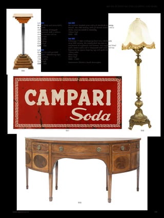 Lot 906
An Art Deco oak wine table
or plinth,
20th century, of stepped
arrangement, with a tubular
chrome column and on
square feet,
26cm wide
26cm deep
65cm high
£200 - 300
Lot 907
A large tin and painted
‘Campari’ advertising sign,
20th century,
198cm wide
97cm high
£600 - 800
Lot 908
An unusual frosted glass and gilt standard oil lamp,
French, late 19th century, with gilt bronze mounts and a
shade, now converted to electricity,
195cm high
£300 - 500
Lot 909
A George III-style mahogany demilune sideboard,
early 20th century, the crossbanded top over an
assortment of cupboards and drawers, one cupboard fitted
with a bottle cradle and all decorated with inlaid and line
decoration on square tapering legs and spade feet,
195cm wide
79cm deep
90cm high
£800 - 1,200
Provenance: Christie’s South Kensington.
908
909
907
906
www.sworder.co.uk 187
607-931 FURNITURE, FIRE, LIGHTING AND MORE
 