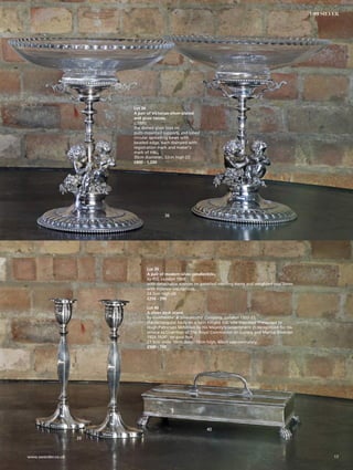 39
40
36
Lot 36
A pair of Victorian silver-plated
and glass tazzas,
c.1880,
the dished glass tops on
putti-mounted supports and lobed
circular spreading bases with
beaded edge, each stamped with
registration mark and maker’s
mark of HL,
30cm diameter, 32cm high (2)
£800 - 1,200
Lot 39
A pair of modern silver candlesticks,
by PJS, London 1968,
with detachable sconces on panelled swelling stems and weighted oval bases
with Hebrew inscriptions,
24.5cm high (4)
£250 - 350
Lot 40
A silver desk stand,
by Goldsmiths’  Silversmiths’ Company, London 1932-33,
the rectangular body on a twin hinged top, one inscribed ‘Presented to
Hugh Patterson McMillan by His Majesty’s Government in recognition for his
service as Chairman of The Royal Commission on Lunacy and Mental Disorder
1924-1926’, on paw feet,
27.5cm wide, 18cm deep, 10cm high, 60ozt approximately
£500 - 700
17www.sworder.co.uk
1-99 SILVER
 