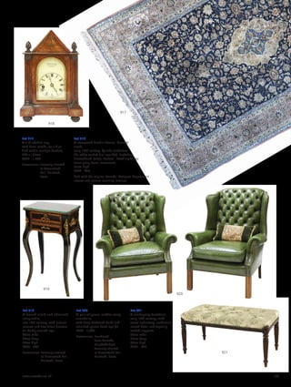 Lot 917
A silk Isfahan rug,
with floral motifs, on a blue
field within multiple borders,
280 x 165cm
£800 - 1,200
Provenance: Formerly situated
at Greenstead
Hall, Halstead,
Essex.
Lot 918
A rosewood Gothic Revival bracket
clock,
early 19th century, by John Frodsham,
the white arched dial inscribed ‘Frodsham
Gracechurch Street, London’, fitted eight-day
fusee gong barrel movement,
23cm high
£500 - 800
Sold with the original Harrods’ Antiques Department
invoice and various servicing invoices.
Lot 919
A French inlaid and ebonised
lamp table,
late 19th century, with ormolu
mounts and two frieze drawers
on boldly scrolled legs,
43cm wide
29cm deep
75cm high
£300 - 400
Provenance: Formerly situated
at Greenstead Hall,
Halstead, Essex.
Lot 920
A pair of green leather wing
armchairs,
with deep buttoned backs and
moulded square front legs (2)
£600 - 1,000
Provenance: Purchased
from Harrods,
Knightsbridge;
formerly situated
at Greenstead Hall,
Halstead, Essex.
Lot 921
A mahogany footstool,
early 19th century, with
velvet upholstery, anthemion
carved detail and tapering
reeded supports,
93cm wide
55cm deep
48cm high
£300 - 500
918
917
920
919
921
www.sworder.co.uk 189
 