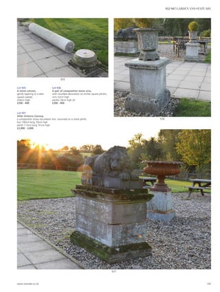 937
936
935
Lot 937
After Antonio Canova,
a composition stone recumbent lion, mounted on a stone plinth,
lion 100cm long, 50cm high
plinth 113cm long, 91cm high
£2,000 - 3,000
Lot 935
A stone column,
gently tapering to a later
square capital,
254cm high
£200 - 400
Lot 936
A pair of composition stone urns,
with moulded decoration on similar square plinths,
urns 52cm high
plinths 76cm high (2)
£200 - 400
www.sworder.co.uk 195
932-947 GARDEN AND STATUARY
 