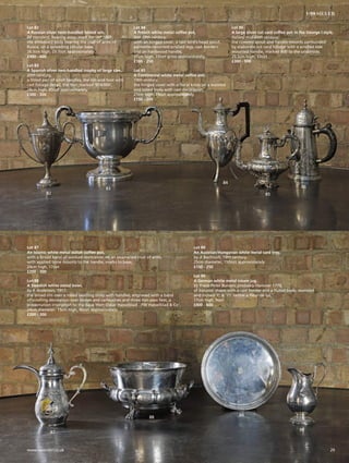 Lot 82
A Russian silver twin-handled lidded urn,
84 standard, bearing assay mark for ‘AP 1889’,
the embossed body bearing the coat of arms of
Russia, on a spreading circular base,
26.5cm high, 23.7ozt approximately
£400 - 600
Lot 83
A Spanish silver two-handled trophy of large size,
20th century,
a fitted pair of scroll handles, the rim and foot with
cast foliage detail, the foot marked ‘916/000’,
28cm high, 45ozt approximately
£300 - 500
Lot 84
A French white metal coffee pot,
late 19th century,
with an hinged cover, a cast bird’s head spout,
palmette-mounted scrolled legs, cast borders
and an hardwood handle,
31cm high, 22ozt gross approximately
£180 - 250
Lot 85
A Continental white metal coffee pot,
19th century,
the hinged cover with a floral knob on a waisted
and lobed body with cast decoration,
21cm high, 15ozt approximately
£150 - 200
Lot 86
A large silver cut card coffee pot in the George I style,
Italian, mid-20th century,
the covered spout and handle mounts surrounded
by elaborate cut card foliage with a scrolled side
mounted handle, marked 800 to the underside,
29.5cm high, 33ozt
£300 - 500
Lot 87
An Islamic white metal dallah coffee pot,
with a broad band of worked decoration on an enamelled coat of arms,
with applied bone mounts to the handle, marks to base,
24cm high, 17ozt
£200 - 300
Lot 88
A Swedish white metal bowl,
by K Anderson, 1917,
the broad rim over a lobed swelling body with handles, engraved with a band
of scrolling decoration over bosses and cartouches and three lion paw feet, a
presentation inscription to the base ‘Herr Oskar Hasselblad…FW Hasselblad  Co’,
24cm diameter, 15cm high, 40ozt approximately
£200 - 300
Lot 89
An Austrian/Hungarian white metal card tray,
by A Bachruch, 19th century,
25cm diameter, 150ozt approximately
£150 - 250
Lot 90
A German white metal cream jug,
by Franz Peter Bunsen, probably Hanover 1779,
of baluster shape with a cast border and a fluted body, stamped
and incised ‘E’  ‘15’ below a fleur-de-lys,
17cm high, 9ozt
£400 - 600
82
83
84
85
86
87
88 89
90
29www.sworder.co.uk
1-99 SILVER
 