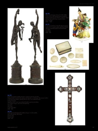 Lot 120
After Giambologna (Flemish 1529-1608),
a pair of late 19th century bronze sculptures
depicting Mercury and Fortuna, each on a figural
column and marble base, signed to base,
87cm high (2)
£800 - 1,200
Lot 121
A Meissen porcelain Malabar figure group,
modelled as a seated mother with two children,
with blue crossed swords mark and incised
no.’2683’,
15cm high
£200 - 300
Lot 122
A Chinese export mother-of-pearl armorial gaming counter,
deeply carved in relief to the reverse with figures in a landscape, the armorial within
a shallow foliate border, possibly that of ‘Fane, Earl of Westmorland’,
3.75cm diameter,
together with a small quantity of further gaming counters,
in a mother-of-pearl and silver-mounted box,
7cm wide
5cm deep
2.5cm high (qty.)
£200 - 400
Lot 123
A Chinese hardwood and mother-of-pearl inlaid crucifix,
mid-19th century, with losses,
23.5cm wide
46.5cm high
£200 - 300
120
121
123
122
www.sworder.co.uk 37
100-301 WORKS OF ART
 