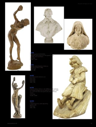Lot 200
Louis Dupuy for Goldscheider,
a patinated bronze figure of a nude cymbal dancer,
inscribed ‘Susse Fre Ed Paris’,
60cm high
£1,200 - 1,800
Lot 201
A plaster bust of Cardinal Richelieu,
after Lorenzo Bernini, chips,
80.5cm high
£300 - 500
Lot 202
A carved marble bust of a nun,
44cm wide
24cm deep
47cm high
£200 - 300
Lot 203
Eugenio Battiglia (Italian, late 19th/early 20th century),
an alabaster sculpture of a girl seated on a toboggan, raised
on a naturalistic base and signed to the reverse ‘Battiglia,
Firenze’,
51cm high
£1,000 - 2,000
Lot 204
‘Marin’,
a bronze figure of a nude lady holding
cymbals aloft,
29cm high
£400 - 600
204 203
202
201
200
www.sworder.co.uk 55
100-301 WORKS OF ART
 