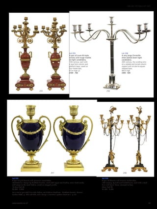 Lot 255
A pair of Louis XV-style
ormolu and rouge marble
six-light candelabra,
19th century, each with
a vase form column and
platform base, raised on
four foliate feet,
61cm high (2)
£500 - 700
Lot 257
A pair of gilt bronze and porcelain cassolettes,
attributed to a design by Matthew Boulton, each with lappet cast handles, ram’s head marks,
with swags to the ovoid bodies, raised on stepped plinths,
19.5cm high (2)
£2,000 - 3,000
For a similar pair with Blue John bodies, see Nicholas Goodison, ‘Matthew Boulton, Ormolu’,
London 2002, pl. 277 and 278, and a design in Boulton’s pattern book vol 1. p.171.
Lot 258
A pair of bronze and ormolu candelabra,
19th century, by Ferdinand Barbedienne, each with a stork
finial and figural bases, stamped to base,
70cm high (2)
£1,500 - 2,500
258257
255 256
Lot 256
A very large Christofle
silver-plated seven-light
candelabra,
20th century, the scrolling arms
on a reeded and turned column
support and circular-to-square
stepped base,
84cm high
£400 - 600
www.sworder.co.uk 65
100-301 WORKS OF ART
 