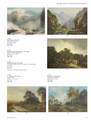 Lot 403
Henry Bright (1810-1873)
VIEW OF MONT BLANC
Charcoal and pastel
60.5 x 85cm
£200 - 300
Lot 407
Daniel Sherrin (1868-1942)
‘WIMBLEDON COMMON’
Signed l.l., oil on canvas
39.5 x 60cm
£400 - 600
407406
405
404403
Lot 404
Gabriel de Jongh (South African, 1913-2004)
A MOUNTAINOUS LANDSCAPE
Signed l.r., oil on canvas
69 x 102cm
£300 - 500
Lot 405
John Berney Crome (1794-1842)
A WOODED LANDSCAPE WITH COTTAGES BY A STONE BRIDGE
Oil on panel
40 x 51cm
£250 - 350
Provenance: with Mandell’s Gallery, Norwich.
Lot 406
L…. Richards (19th century)
‘SURREY PINES’
Signed, l.l., oil on canvas
49 x 75cm
£300 - 500
www.sworder.co.uk 93
302-506 PAINTINGS, WATERCOLOURS AND PRINTS
 