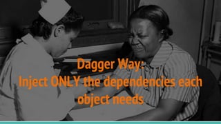 Dagger Eliminates “Passing Through”
Constructor Arguments
Dagger Way:
Inject ONLY the dependencies each
object needs
 