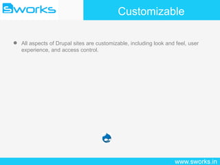 Customizable All aspects of Drupal sites are customizable, including look and feel, user experience, and access control. 