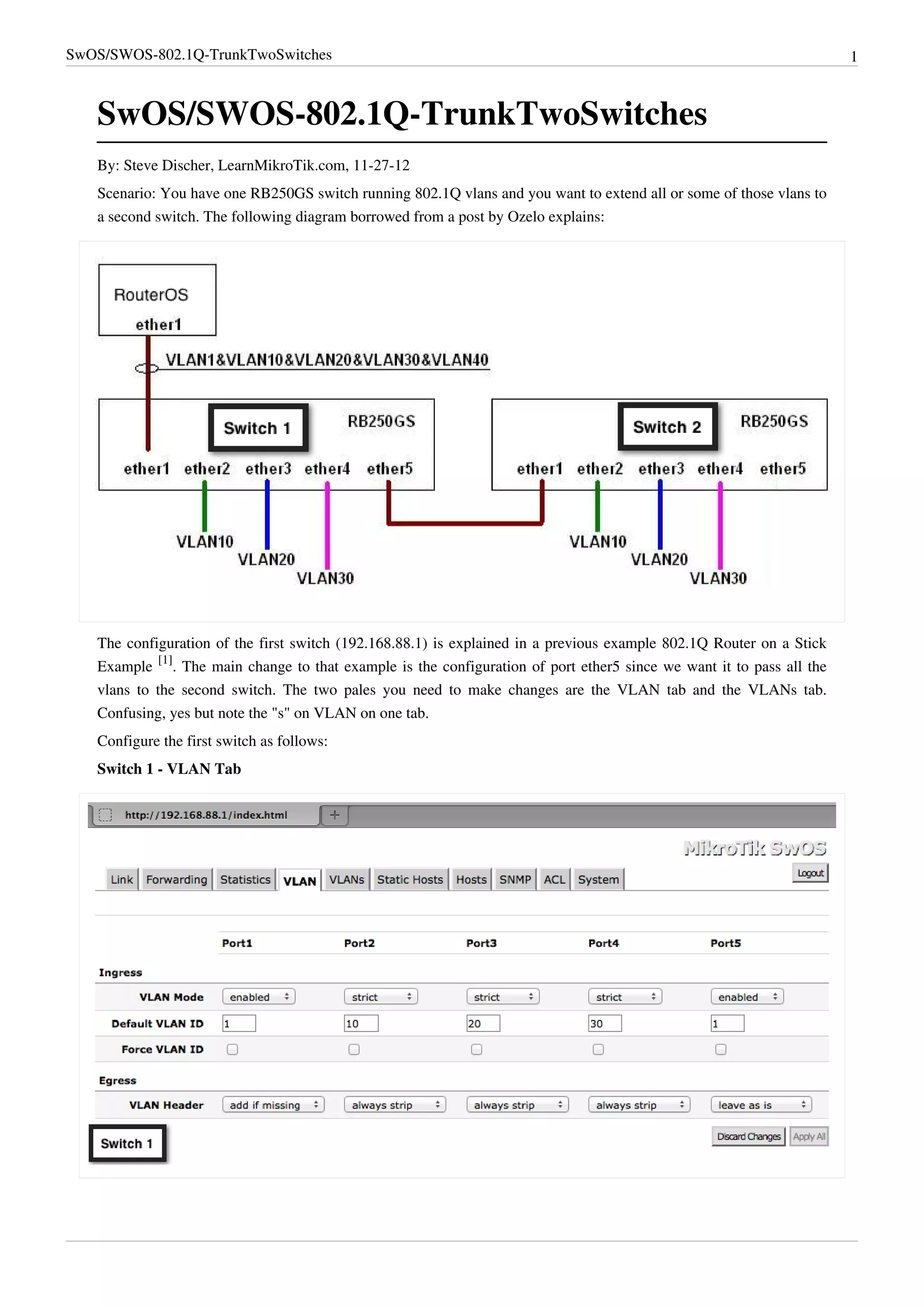 SwOS/SWOS-802.1Q-TrunkTwoSwitches 1
SwOS/SWOS-802.1Q-TrunkTwoSwitches
By: Steve Discher, LearnMikroTik.com, 11-27-12
Scenario: You have one RB250GS switch running 802.1Q vlans and you want to extend all or some of those vlans to
a second switch. The following diagram borrowed from a post by Ozelo explains:
The configuration of the first switch (192.168.88.1) is explained in a previous example 802.1Q Router on a Stick
Example
[1]
. The main change to that example is the configuration of port ether5 since we want it to pass all the
vlans to the second switch. The two pales you need to make changes are the VLAN tab and the VLANs tab.
Confusing, yes but note the "s" on VLAN on one tab.
Configure the first switch as follows:
Switch 1 - VLAN Tab
 