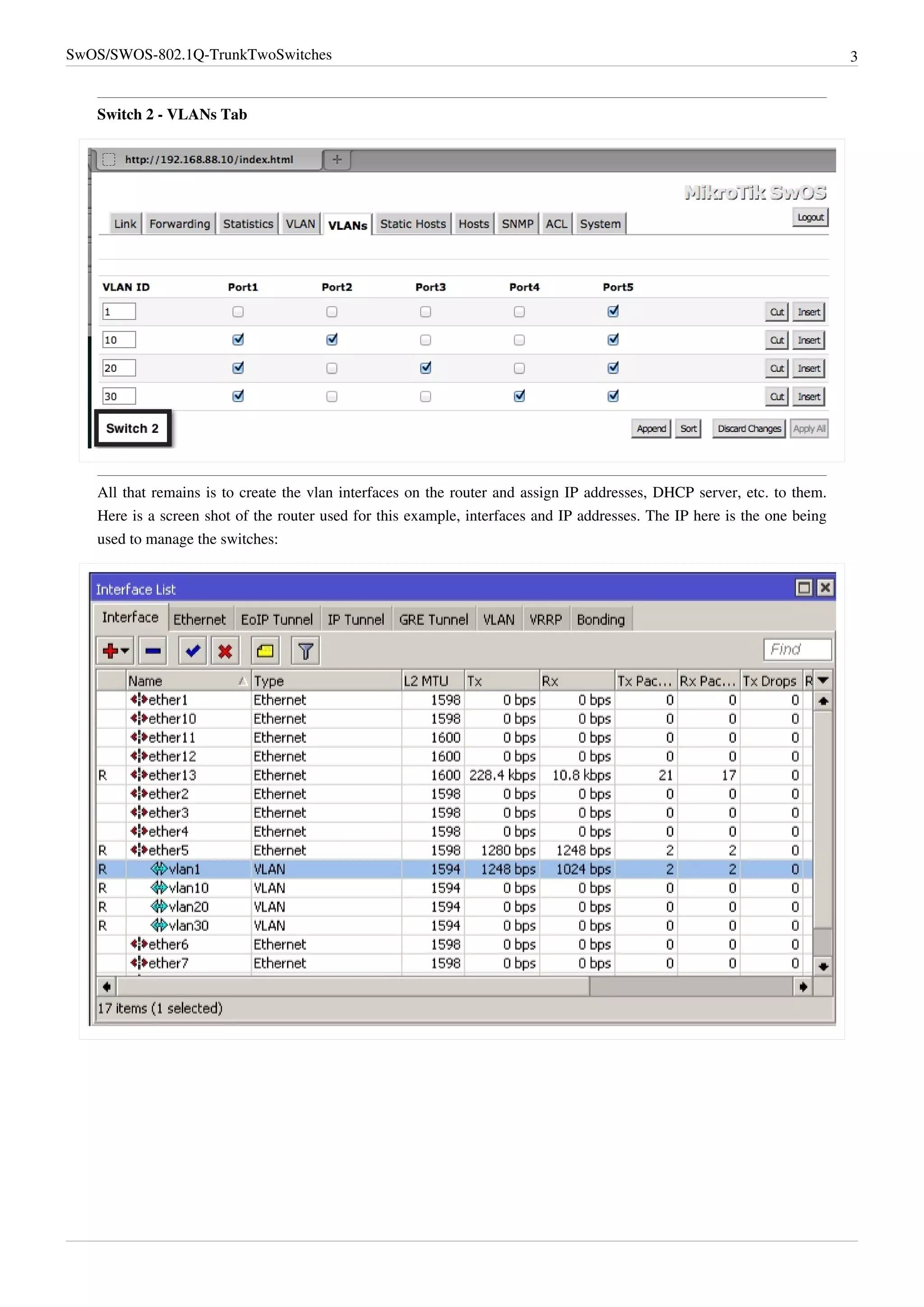 SwOS/SWOS-802.1Q-TrunkTwoSwitches 3
Switch 2 - VLANs Tab
All that remains is to create the vlan interfaces on the router and assign IP addresses, DHCP server, etc. to them.
Here is a screen shot of the router used for this example, interfaces and IP addresses. The IP here is the one being
used to manage the switches:
 