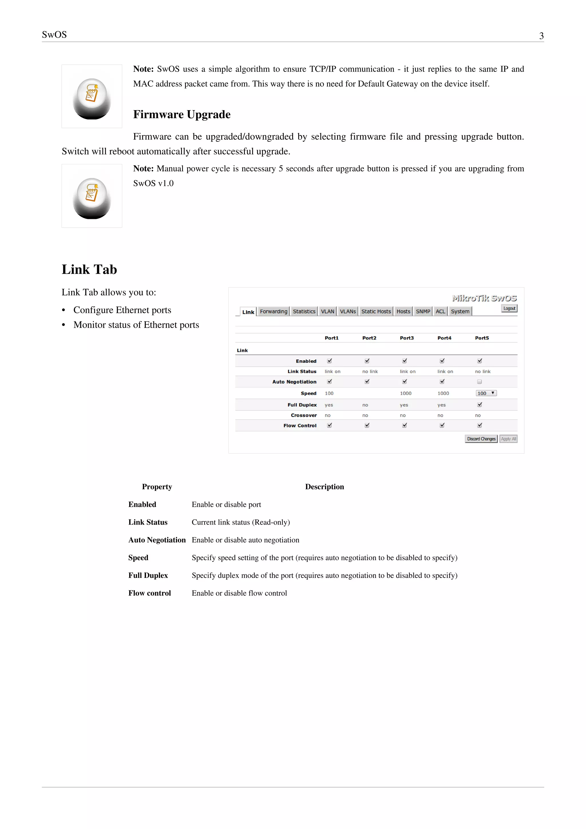 SwOS 3
Note: SwOS uses a simple algorithm to ensure TCP/IP communication - it just replies to the same IP and
MAC address packet came from. This way there is no need for Default Gateway on the device itself.
Firmware Upgrade
Firmware can be upgraded/downgraded by selecting firmware file and pressing upgrade button.
Switch will reboot automatically after successful upgrade.
Note: Manual power cycle is necessary 5 seconds after upgrade button is pressed if you are upgrading from
SwOS v1.0
Link Tab
Link Tab allows you to:
•• Configure Ethernet ports
•• Monitor status of Ethernet ports
Property Description
Enabled Enable or disable port
Link Status Current link status (Read-only)
Auto Negotiation Enable or disable auto negotiation
Speed Specify speed setting of the port (requires auto negotiation to be disabled to specify)
Full Duplex Specify duplex mode of the port (requires auto negotiation to be disabled to specify)
Flow control Enable or disable flow control
 
