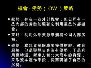 機會 - 劣勢（ OW ）策略 狀態：存在一些外部機會，但公司有一些內部的劣勢妨礙著它利用這些外部機會。  策略：利用外部資源來彌補公司內部劣勢。  舉例：聯想資訊服務要提供財經、教育服務，但是聯想自身沒有優勢，于是利用贏時通、新東方和北大附中的資源，采取資本運作手段，從而彌補了自己的劣勢。   