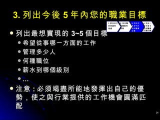3. 列出今後 5 年內您的職業目標 列出最想實現的 3~5 個目標 希望從事哪一方面的工作 管理多少人 何種職位 薪水到哪個級別 … 注意 : 必須竭盡所能地發揮出自己的優勢，使之與行業提供的工作機會圓滿匹配  1. 評估自己 的長處和 短處 2 . 找出職 業機會和 威脅   3 . 列出今 後 5 年內 您的職業 目標 4 . 列出一 份今後 5 年的職業行動計劃   