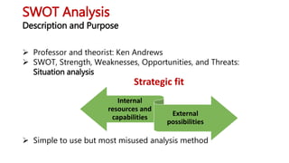 SWOT Analysis
Description and Purpose
 Professor and theorist: Ken Andrews
 SWOT, Strength, Weaknesses, Opportunities, and Threats:
Situation analysis
 Simple to use but most misused analysis method
Internal
resources and
capabilities External
possibilities
Strategic fit
 