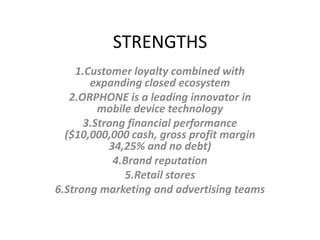 STRENGTHS
1.Customer loyalty combined with
expanding closed ecosystem
2.ORPHONE is a leading innovator in
mobile device technology
3.Strong financial performance
($10,000,000 cash, gross profit margin
34,25% and no debt)
4.Brand reputation
5.Retail stores
6.Strong marketing and advertising teams

 
