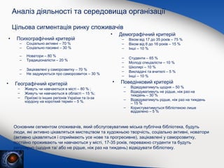 Аналіз діяльності та середовища організації
Цільова сигментація ринку споживачів
•

Психографічний критерій
–
–

•

–
–
–

Зацікавлені у саморозвитку – 70 %
Не задумуються про саморозвиток – 30 %

Географічний критерій
–
–
–

Живуть чи навчаються в місті – 80 % ;
Живуть чи навчаються в області – 15 %;
Приїзжі із інших регіонів України та із-за
кордону на короткий термін – 5 %.

•

Віком від 17 до 35 років – 75 %
Віком від 6 до 16 років – 15 %
Інші – 10 %

–
–
–
–
–

Новатори – 80 %
Традиціоналісти – 20 %

–
–

Демографічний критерій

Соціально активні – 70 %
Соціально пасивні – 30 %

–
–

•

Студенти – 65 %
Молоді спеціалісти – 10 %
Школярі – 10 %
Викладачі та вчителі – 5 %
Інші – 10 %

Поведінковий критерій
–
–
–
–

Відвідуватимуть щодня – 50 %
Відвідуватимуть не рідше, ніж раз на
тиждень – 30 %
Відвідуватимуть рідше, ніж раз на тиждень
– 15 %
Користуватимуться бібліотекою лише
віддалено – 5 %

Основним сегментом споживачів, який обслуговуватиме міська публічна бібліотека, будуть
люди, які активно цікавляться мистецтвом та художньою творчість, соціально активні, новатори
(активно цікавляться і сприймають усе нове та прогресивне), зацікавлені у саморозвитку,
постійно проживають чи навчаються у місті, 17-35 років, переважно студенти та будуть
регулярно (щодня та/ або не рідше, ніж раз на тиждень) відвідувати бібліотеку.

 