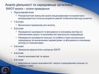 Аналіз діяльності та середовища організації
SWOT-аналіз – етапи проведення
• Підготовчий етап
• Різноаспектний зовнішній аналіз вищеназваними інструментами –
випрацьовується спільне розуміння реалій та бачення вектору розвитку

• 1-й етап
• Визначення параметрів для аналізу

• 2-й етап
• Проведення оцінювання та фіксування в описовому вигляді (із
поясненнями) загроз та можливостей зовнішнього середовища
• Проведення оцінювання сильних та слабких сторін внутрішнього
середовища за визначеними параметрами та фіксування в описовому
вигляді (із поясненнями)

• 3-й етап
• Занесення результатів в матрицю SWOT

• 4-й етап
• Аналіз можливостей та загроз

• 5-й етап
• Комплексна оцінка можливостей і загроз із врахуванням сильних та
слабких сторін

 