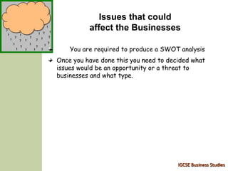 IGCSE Business Studies
Issues that could
affect the Businesses
You are required to produce a SWOT analysis
Once you have done this you need to decided what
issues would be an opportunity or a threat to
businesses and what type.
 