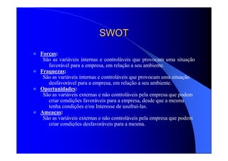 SWOTSWOT
Forças:
São as variáveis internas e controláveis que provocam uma situação
favorável para a empresa, em relação a seu ambiente.
Fraquezas:
São as variáveis internas e controláveis que provocam uma situação
desfavorável para a empresa, em relação a seu ambiente.
Oportunidades:
São as variáveis externas e não controláveis pela empresa que podem
criar condições favoráveis para a empresa, desde que a mesma
tenha condições e/ou Interesse de usufruí-las.
Ameaças:
São as variáveis externas e não controláveis pela empresa que podem
criar condições desfavoráveis para a mesma.
 