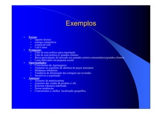 ExemplosExemplos
Forças:
• suporte técnico
• entrega competitiva
• comercial web
• Call Center
Fraquezas:
• Falta de uma política para exportação
• Falta de uma política p/ grandes clientes
• Baixa participação de mercado nos grandes centros consumidores/grandes clientes;
• Lotes fabricados em pequena escala
Oportunidades:
• Crescimento do Agronegócio
• Aumento no segmento de abertura de poços artesianos
• Mudanças tributarias
• Tendência de diminuição dos estoques nas revendas
• Incentivos a exportação
Ameaças:
• Aumento da matéria-prima
• Aumento das vendas de produto s/ nfs
• Reforma tributaria indefinida
• Novas tendências
• Concorrentes c/ melhor localização geográfica
 