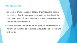 Introduction
 La réussite d’une entreprise dépend d’un très grand nombre
de critères, dont l’importance peut varier en fonction de la
nature de l’activité, de la taille de la structure ou encore de
l’intensité concurrentielle.
 L’enjeu consiste à ne pas se perdre dans ces paramètres et à
revenir à l’essentiel de ce qui fait la réussite ou l’échec d’une
entreprise.
 