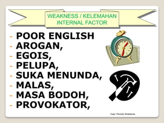 Capt. Persobi Waldemar
- POOR ENGLISH
- AROGAN,
- EGOIS,
- PELUPA,
- SUKA MENUNDA,
- MALAS,
- MASA BODOH,
- PROVOKATOR,
WEAKNESS / KELEMAHAN
INTERNAL FACTOR
 