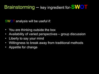 Brainstorming – key ingredient for-SWOT
SWOT analysis will be useful if:
•
•
•
•
•
You are thinking outside the box
Availability of varied perspectives – group discussion
Liberty to say your mind
Willingness to break away from traditional methods
Appetite for change
 