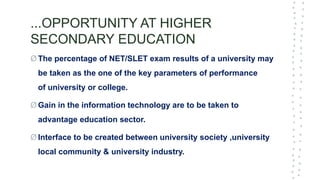 ...OPPORTUNITY AT HIGHER
SECONDARY EDUCATION
Ø The percentage of NET/SLET exam results of a university may
be taken as the one of the key parameters of performance
of university or college.
Ø Gain in the information technology are to be taken to
advantage education sector.
Ø Interface to be created between university society ,university
local community & university industry.
 