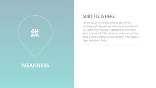 WEAKNESS
Lorem Ipsum is simply dummy text of the
printing and typesetting industry. Lorem Ipsum
has been the industry's standard dummy text
ever since the 1500s, when an unknown printer
took a galley of type and scrambled it to make a
type specimen book.
SUBTITLE IS HERE

 