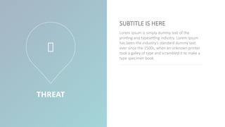 THREAT
Lorem Ipsum is simply dummy text of the
printing and typesetting industry. Lorem Ipsum
has been the industry's standard dummy text
ever since the 1500s, when an unknown printer
took a galley of type and scrambled it to make a
type specimen book.
SUBTITLE IS HERE

 