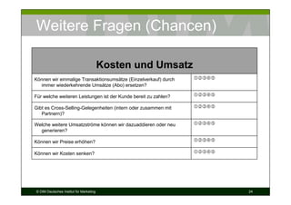 Weitere Fragen (Chancen)

                                         Kosten und Umsatz
Können wir einmalige Transaktionsumsätze (Einzelverkauf) durch
  immer wiederkehrende Umsätze (Abo) ersetzen?

Für welche weiteren Leistungen ist der Kunde bereit zu zahlen?

Gibt es Cross-Selling-Gelegenheiten (intern oder zusammen mit
   Partnern)?

Welche weitere Umsatzströme können wir dazuaddieren oder neu
  generieren?

Können wir Preise erhöhen?

Können wir Kosten senken?




© DIM Deutsches Institut für Marketing                           24
 