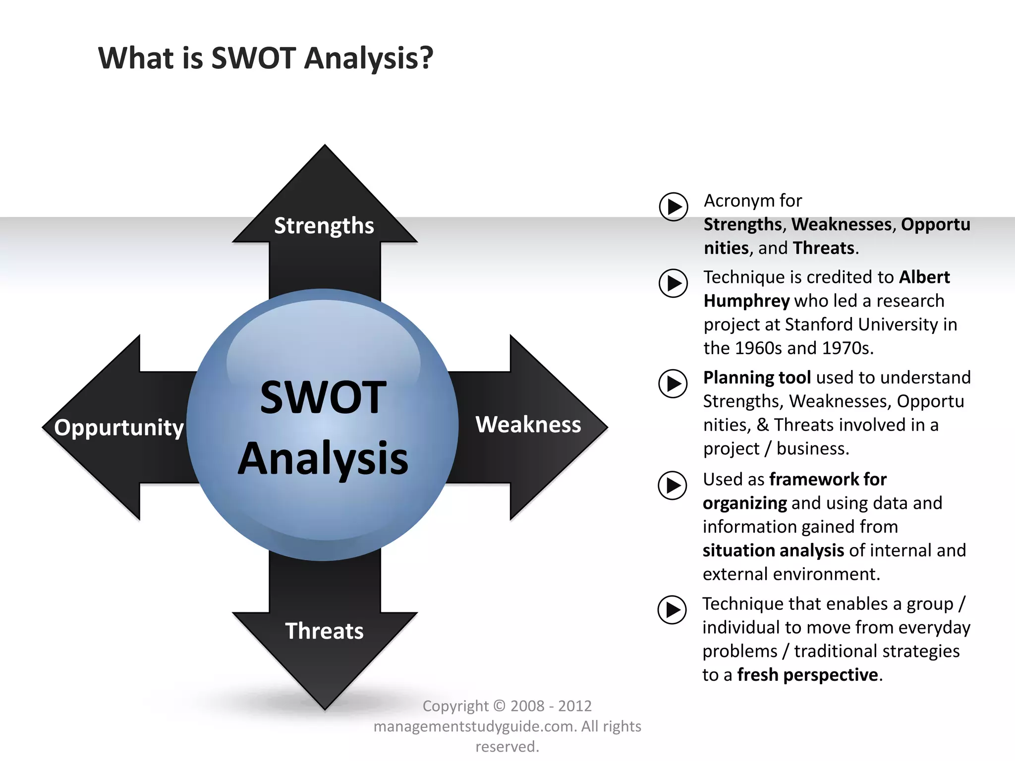 What is SWOT Analysis?



                                                                 Acronym for
               Strengths                                         Strengths, Weaknesses, Opportu
                                                                 nities, and Threats.
                                                                 Technique is credited to Albert
                                                                 Humphrey who led a research
                                                                 project at Stanford University in
                                                                 the 1960s and 1970s.
                                                                 Planning tool used to understand

Oppurtunity
               SWOT                    Weakness
                                                                 Strengths, Weaknesses, Opportu
                                                                 nities, & Threats involved in a

              Analysis                                           project / business.
                                                                 Used as framework for
                                                                 organizing and using data and
                                                                 information gained from
                                                                 situation analysis of internal and
                                                                 external environment.
                                                                 Technique that enables a group /
                Threats                                          individual to move from everyday
                                                                 problems / traditional strategies
                                                                 to a fresh perspective.
                               Copyright © 2008 - 2012
                          managementstudyguide.com. All rights
                                      reserved.
 