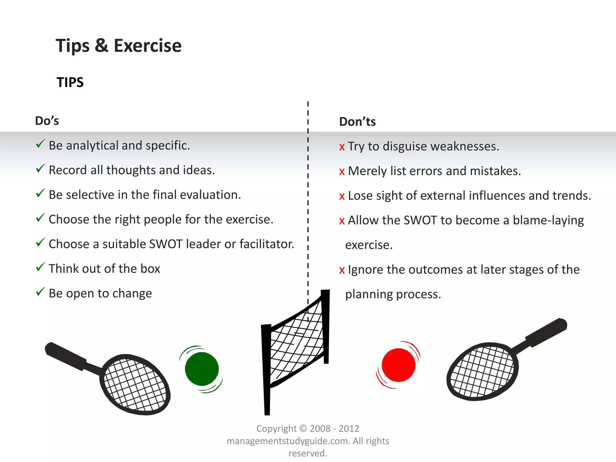 Tips & Exercise
    TIPS

Do’s                                                        Don’ts
 Be analytical and specific.                               х Try to disguise weaknesses.
 Record all thoughts and ideas.                            х Merely list errors and mistakes.
 Be selective in the final evaluation.                     х Lose sight of external influences and trends.
 Choose the right people for the exercise.                 х Allow the SWOT to become a blame-laying
 Choose a suitable SWOT leader or facilitator.               exercise.
 Think out of the box                                      х Ignore the outcomes at later stages of the
 Be open to change                                           planning process.




                                         Copyright © 2008 - 2012
                                    managementstudyguide.com. All rights
                                                reserved.
 
