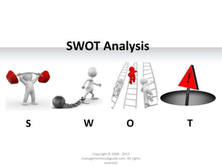 SWOT Analysis




S      W                         O           T

           Copyright © 2008 - 2012
      managementstudyguide.com. All rights
                  reserved.
 