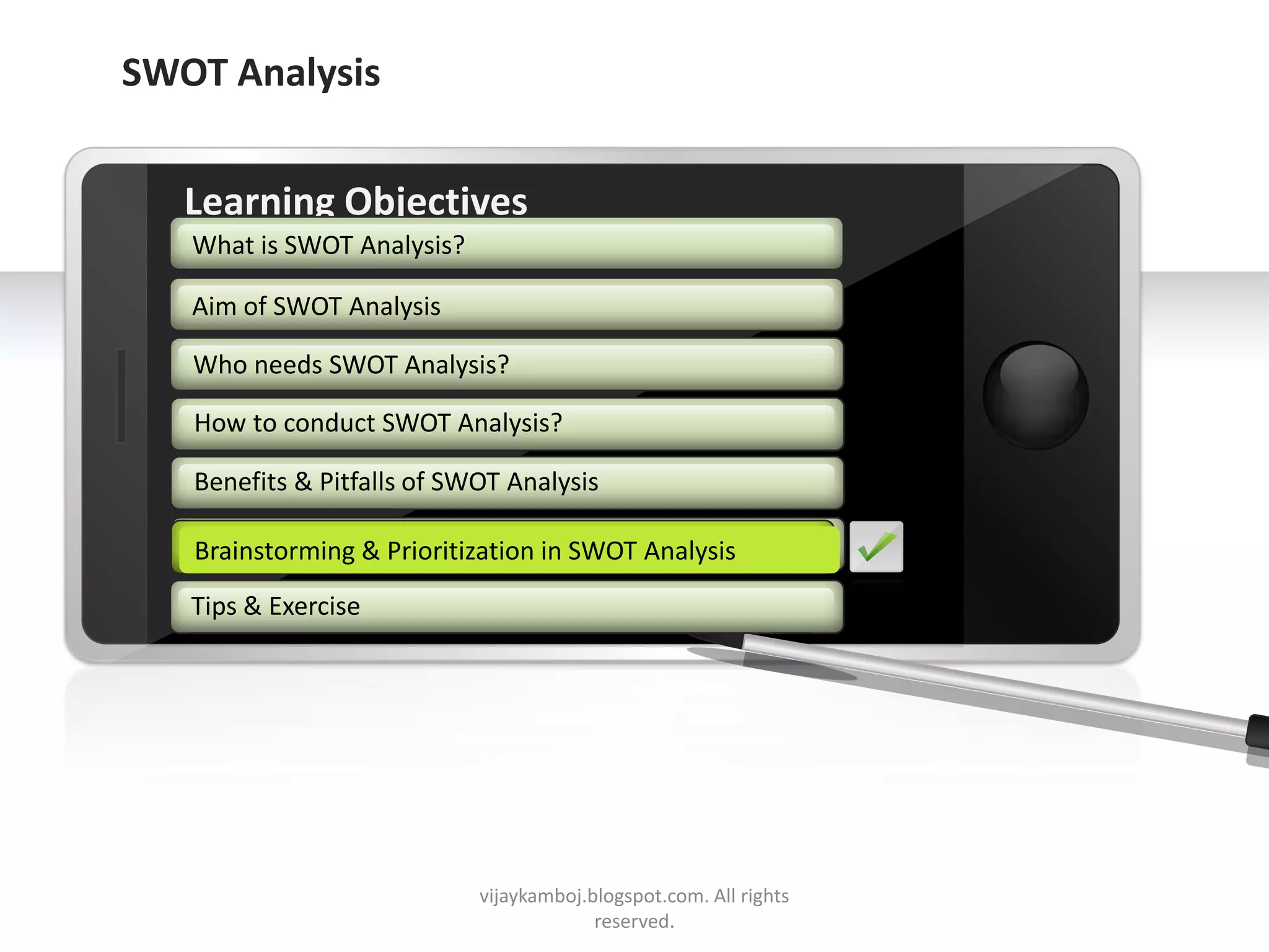 SWOT Analysis


        Learning Objectives
         What is SWOT Analysis?

         Aim of SWOT Analysis

         Who needs SWOT Analysis?

         How to conduct SWOT Analysis?

         Benefits & Pitfalls of SWOT Analysis

         Brainstorming & Prioritization in SWOT Analysis
         Brainstorming & Prioritization in SWOT Analysis
        Tips & Exercise




     Example text
     Go ahead and replace it with your
     own text. This is an example text.


Your own footer                           vijaykamboj.blogspot.com. All rights   Your Logo
                                                       reserved.
 