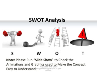 SWOT Analysis
S W O T
Copyright © 2008 - 2012
managementstudyguide.com. All rights
reserved.
Note: Please Run “Slide Show” to Check the
Animations and Graphics used to Make the Concept
Easy to Understand.
 