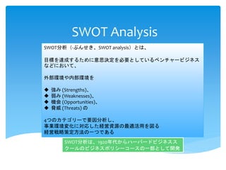 SWOT Analysis
SWOT分析（-ぶんせき、SWOT analysis）とは、
目標を達成するために意思決定を必要としているベンチャービジネス
などにおいて、
外部環境や内部環境を
 強み (Strengths)、
 弱み (Weaknesses)、
 機会 (Opportunities)、
 脅威 (Threats) の
4つのカテゴリーで要因分析し、
事業環境変化に対応した経営資源の最適活用を図る
経営戦略策定方法の一つである
SWOT分析は、1920年代からハーバードビジネスス
クールのビジネスポリシーコースの一部として開発
されてきた
 
