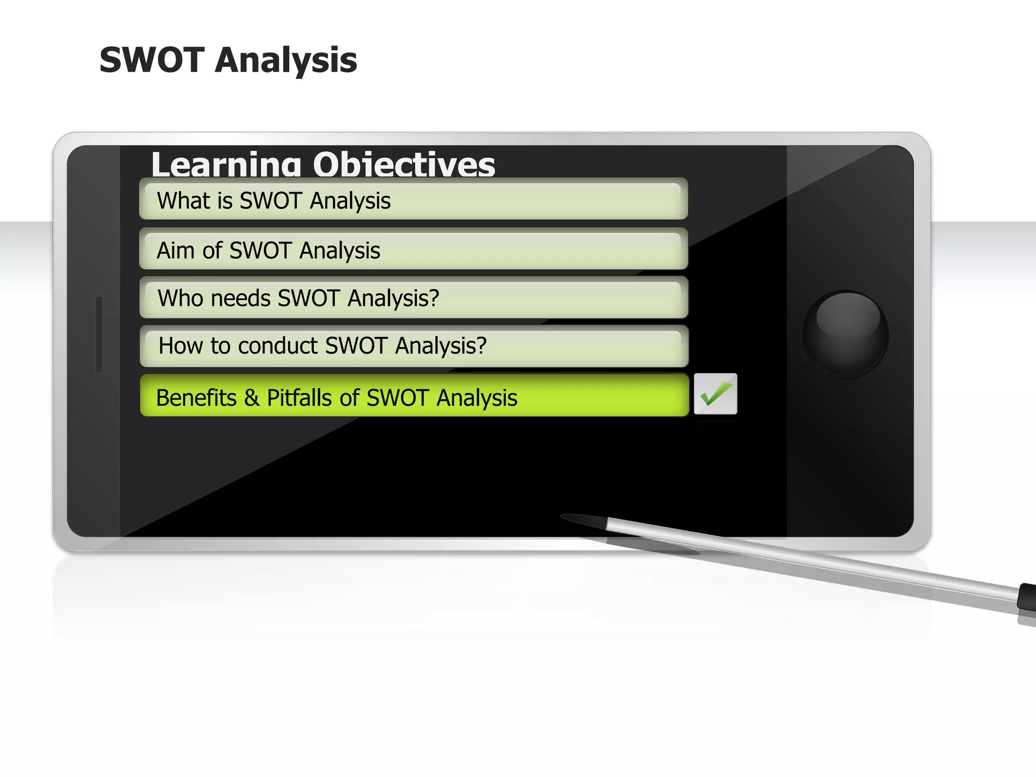 SWOT Analysis
Example text
Go ahead and replace it with your
own text. This is an example text.
Your own footer Your Logo
Aim of SWOT Analysis
Who needs SWOT Analysis?
How to conduct SWOT Analysis?
Learning Objectives
What is SWOT Analysis
Benefits & Pitfalls of SWOT Analysis
Benefits & Pitfalls of SWOT Analysis
 