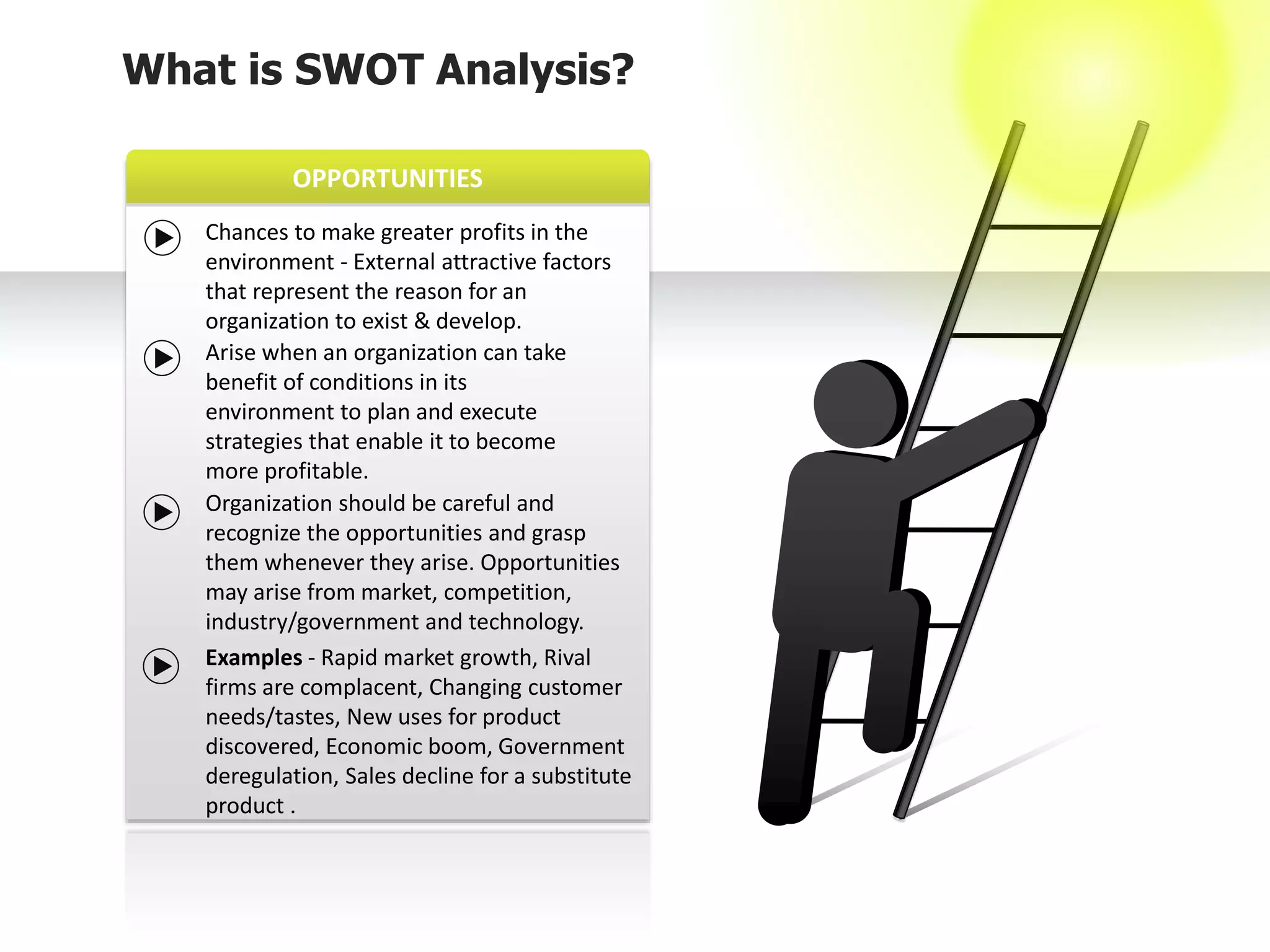 OPPORTUNITIES
What is SWOT Analysis?
Chances to make greater profits in the
environment - External attractive factors
that represent the reason for an
organization to exist & develop.
Arise when an organization can take
benefit of conditions in its
environment to plan and execute
strategies that enable it to become
more profitable.
Organization should be careful and
recognize the opportunities and grasp
them whenever they arise. Opportunities
may arise from market, competition,
industry/government and technology.
Examples - Rapid market growth, Rival
firms are complacent, Changing customer
needs/tastes, New uses for product
discovered, Economic boom, Government
deregulation, Sales decline for a substitute
product .
 
